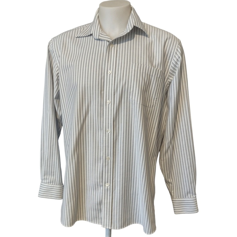 Lands End Shirt L Mens Preppy Norm Core Grey Striped Supima No Iron Oxford Long